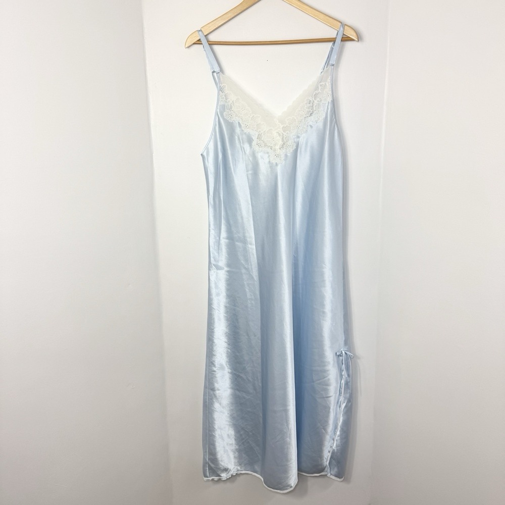 OSCAR De La RENTA High Gloss Satin Lace Maxi Slip DRESS L Night GOWN Baby Blue